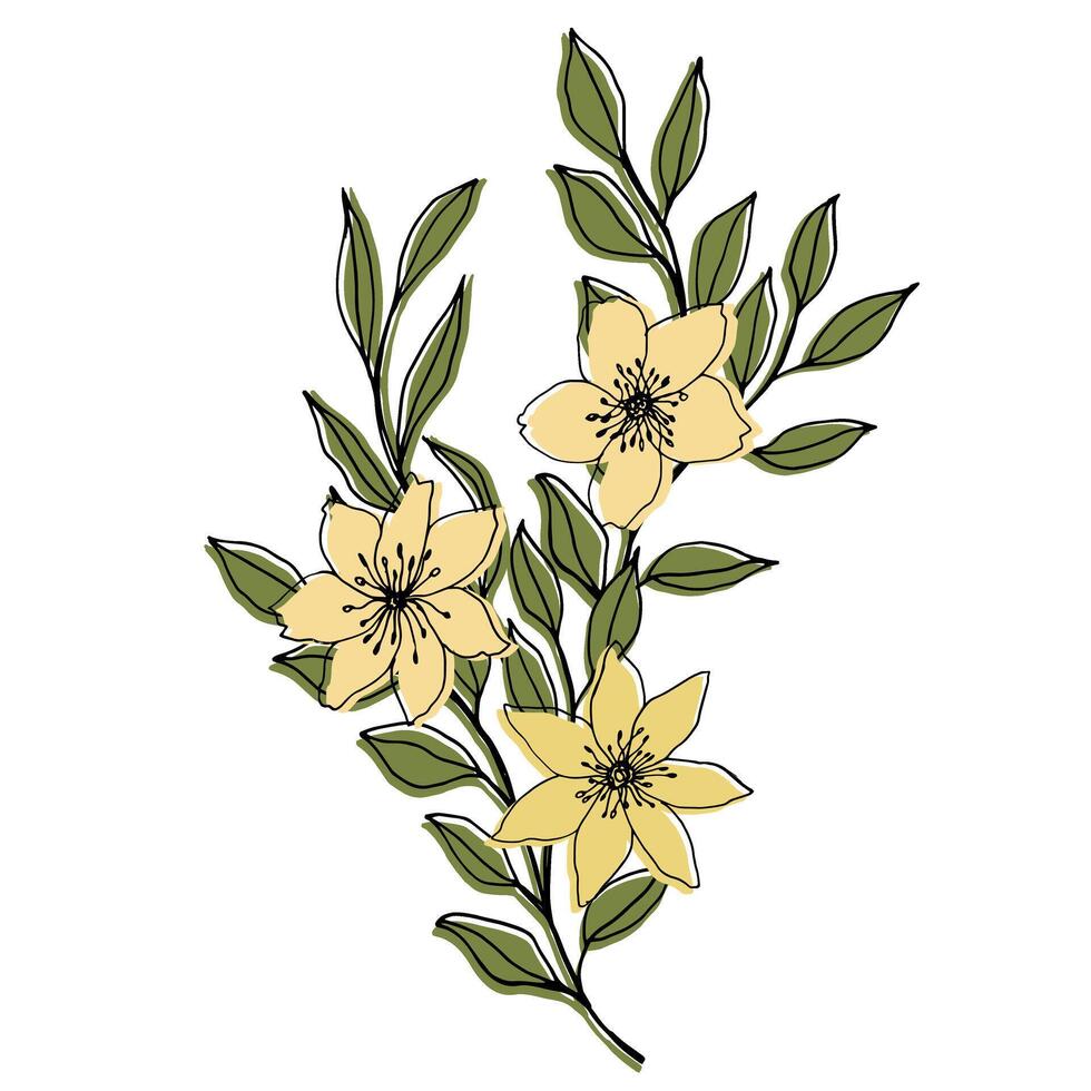 Vektor Komposition mit Blume, Blätter und Ast. elegant Kunst zum Dekoration. Tinte Hand Zeichnung botanisch Illustration zum Hintergründe. Vorlage zum Hochzeit Karten, Lügendetektor, Logo, Tätowierung.