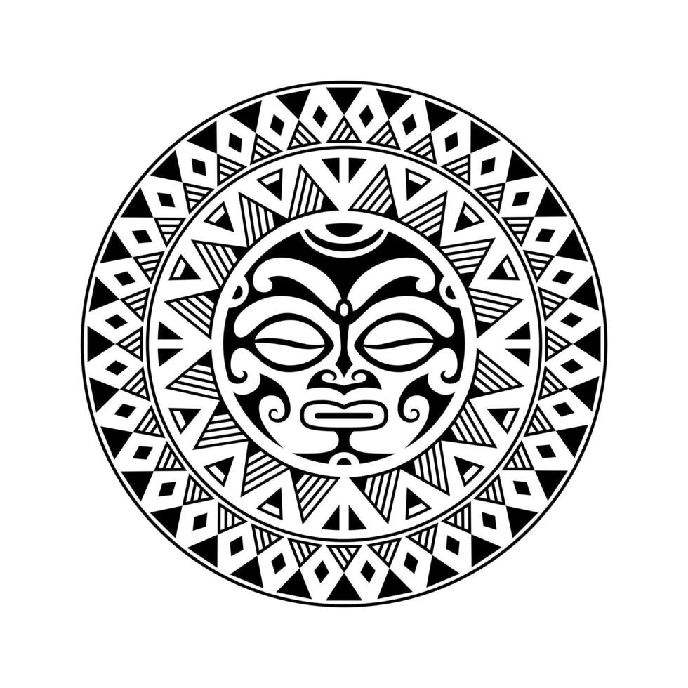 rundes Tattoo-Ornament mit Sonnengesicht im Maori-Stil. afrikanische, aztekische oder maya-ethnische maske. vektor