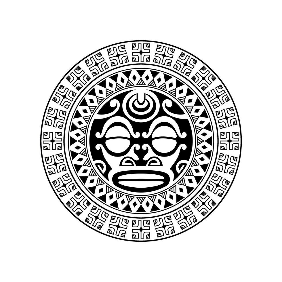 rundes Tattoo-Ornament mit Sonnengesicht im Maori-Stil. afrikanische, aztekische oder maya-ethnische maske. vektor