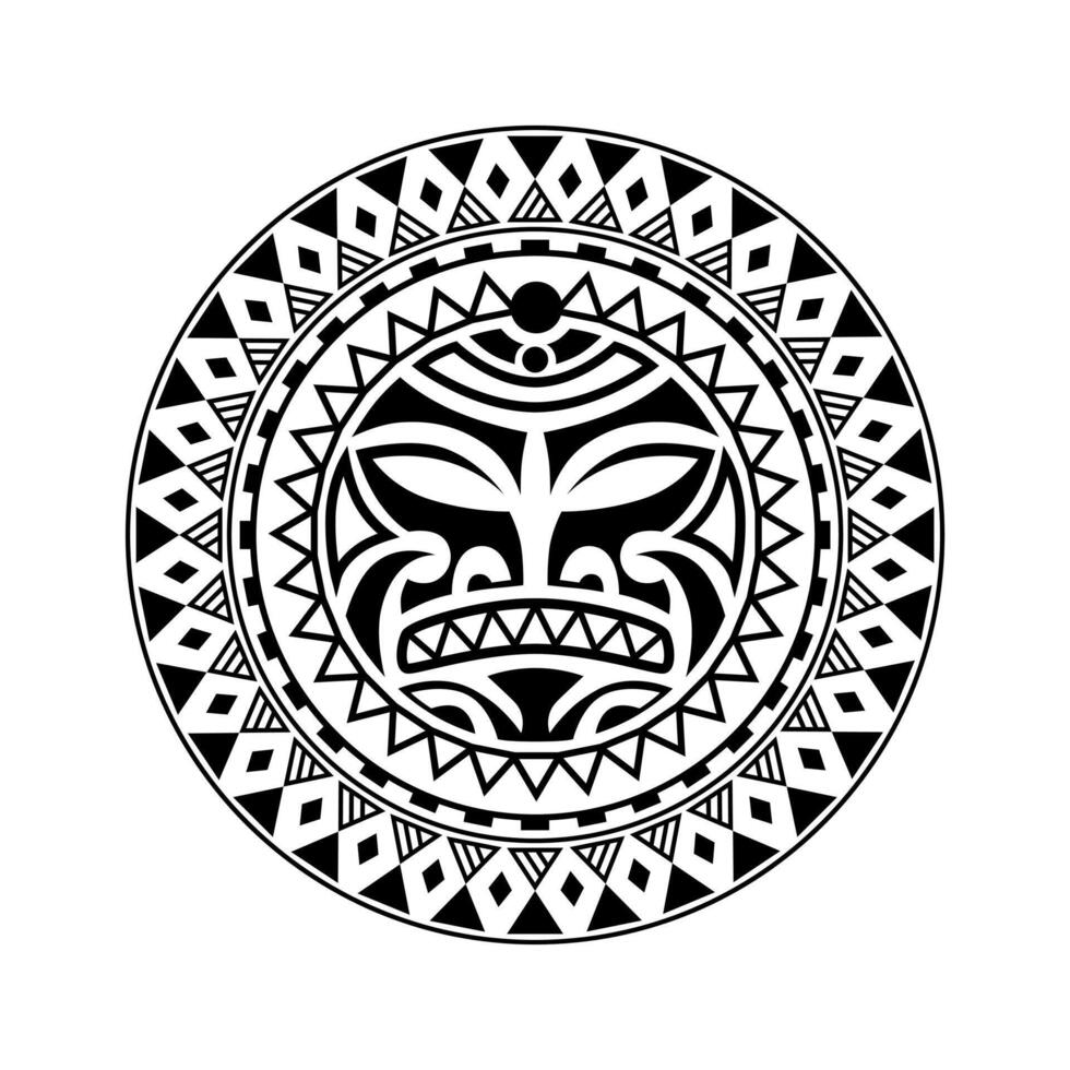 rundes Tattoo-Ornament mit Sonnengesicht im Maori-Stil. afrikanische, aztekische oder maya-ethnische maske. vektor