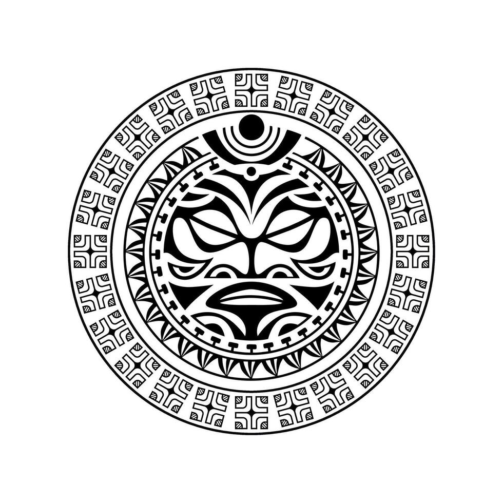 rundes Tattoo-Ornament mit Sonnengesicht im Maori-Stil. afrikanische, aztekische oder maya-ethnische maske. vektor