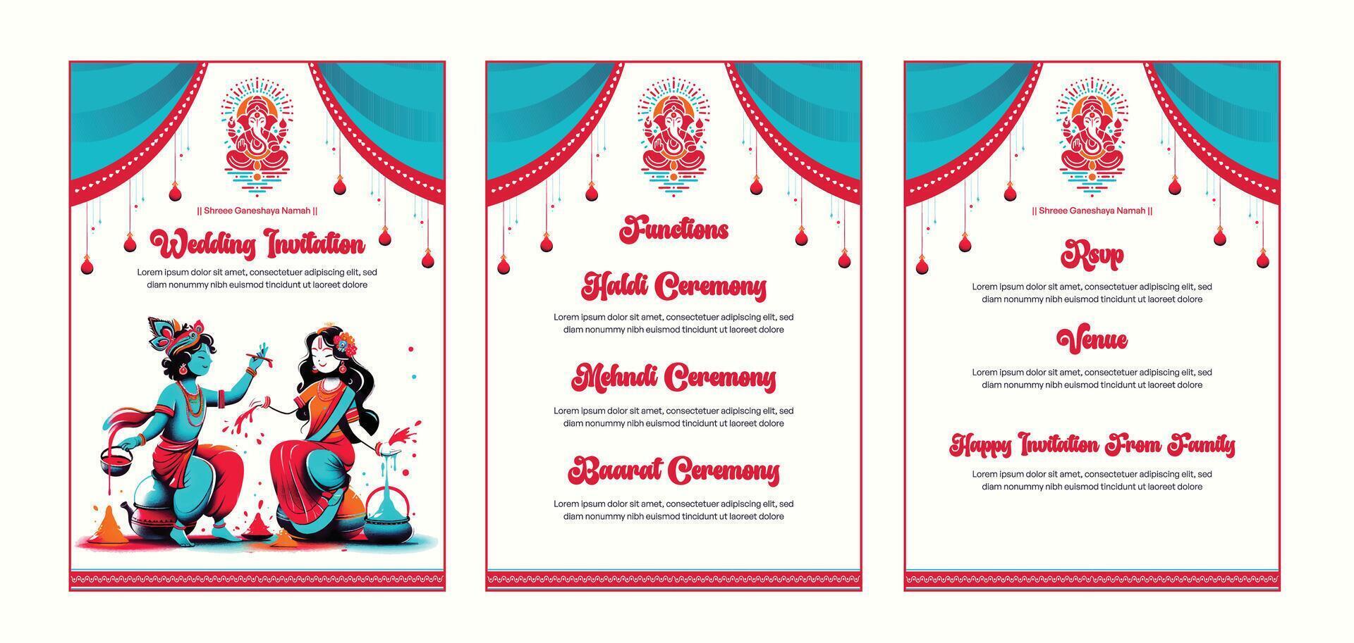 indisch Hochzeit Einladung Vorlage mit Hindu Mythologie Götter und traditionell Design vektor