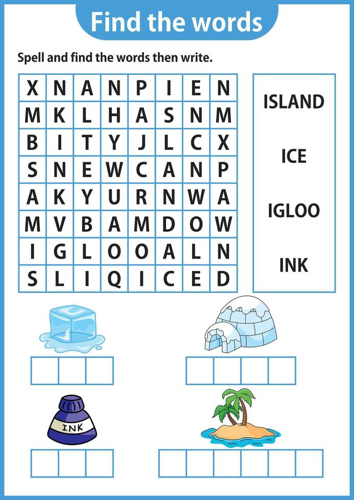 Wort Puzzle Spiel Wort Suche Arbeitsblatt Bildung Spiel zum Kinder Lernen Englisch Alphabet vektor