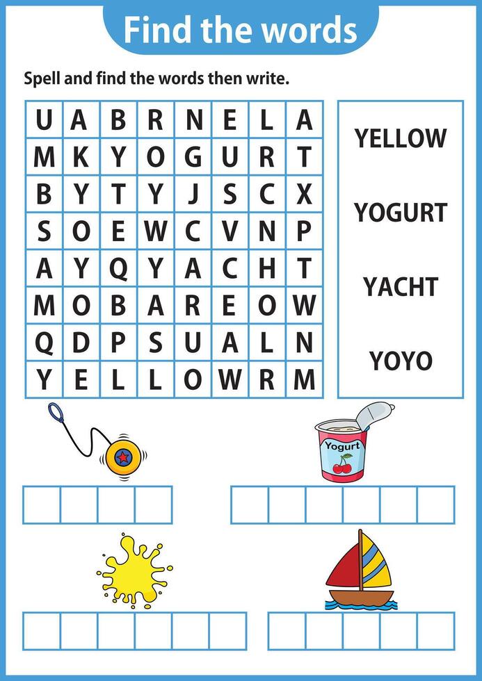 Wort Puzzle Spiel Wort Suche Arbeitsblatt Bildung Spiel zum Kinder Lernen Englisch Alphabet vektor