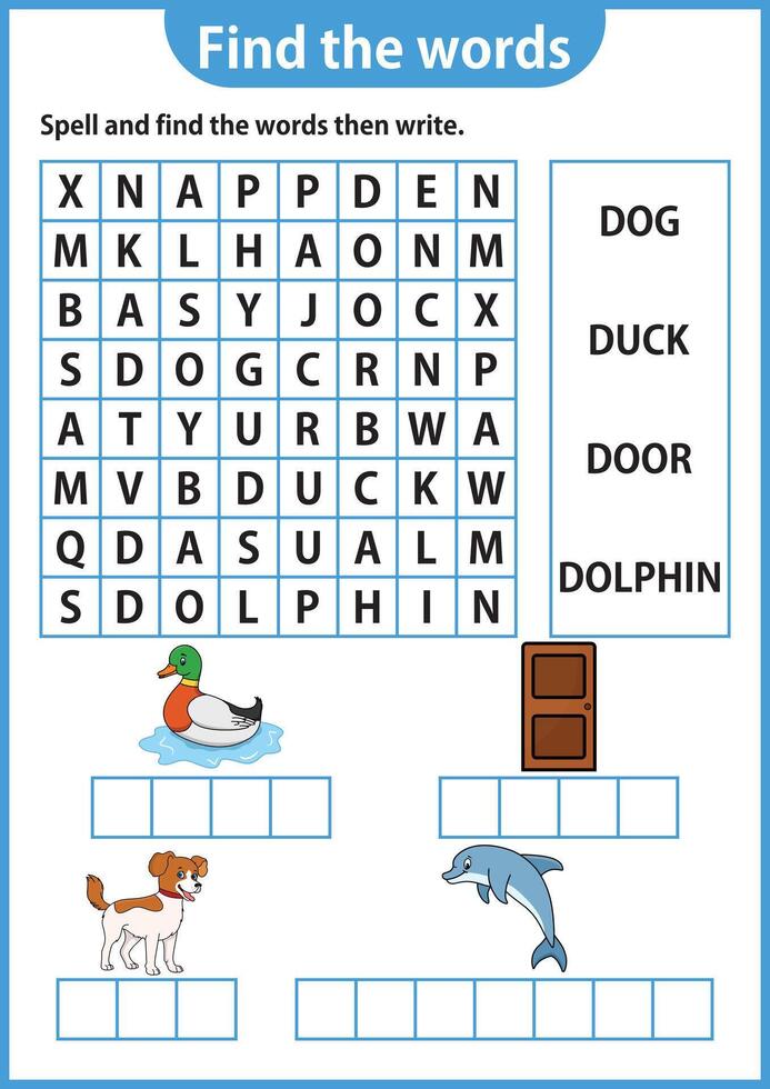 Wort Puzzle Spiel Wort Suche Arbeitsblatt Bildung Spiel zum Kinder Lernen Englisch Alphabet vektor