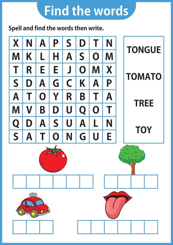 Wort Puzzle Spiel Wort Suche Arbeitsblatt Bildung Spiel zum Kinder Lernen Englisch Alphabet vektor