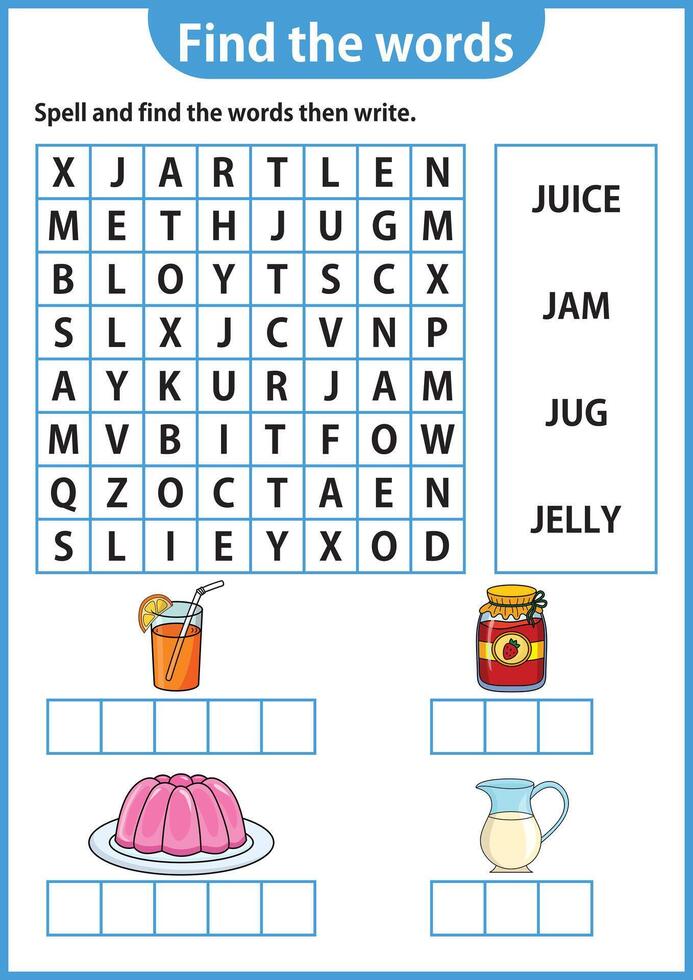 Wort Puzzle Spiel Wort Suche Arbeitsblatt Bildung Spiel zum Kinder Lernen Englisch Alphabet vektor