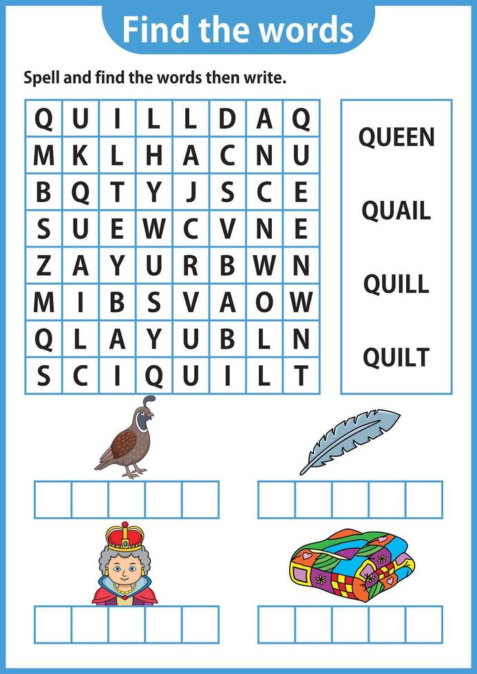 Wort Puzzle Spiel Wort Suche Arbeitsblatt Bildung Spiel zum Kinder Lernen Englisch Alphabet vektor