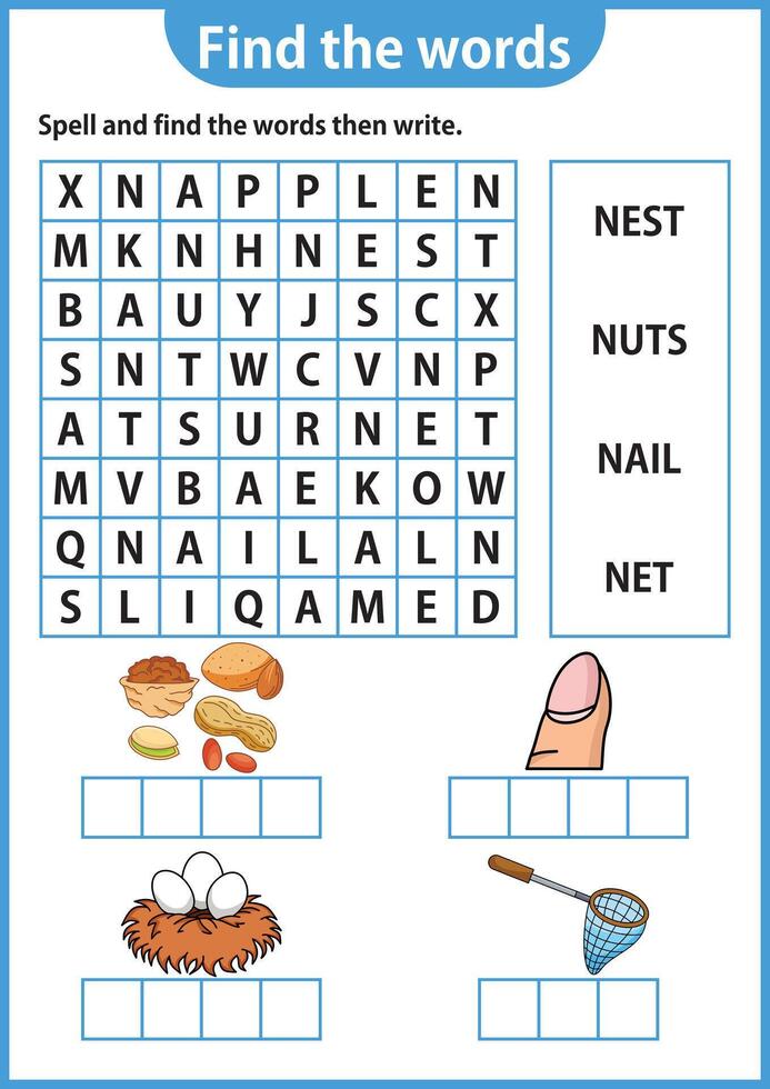 Wort Puzzle Spiel Wort Suche Arbeitsblatt Bildung Spiel zum Kinder Lernen Englisch Alphabet vektor