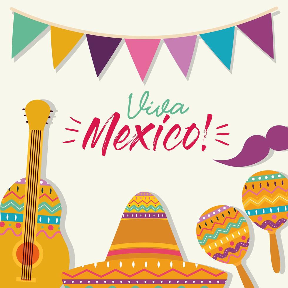mexikansk hatt mustaschgitarr och maracas vektordesign vektor