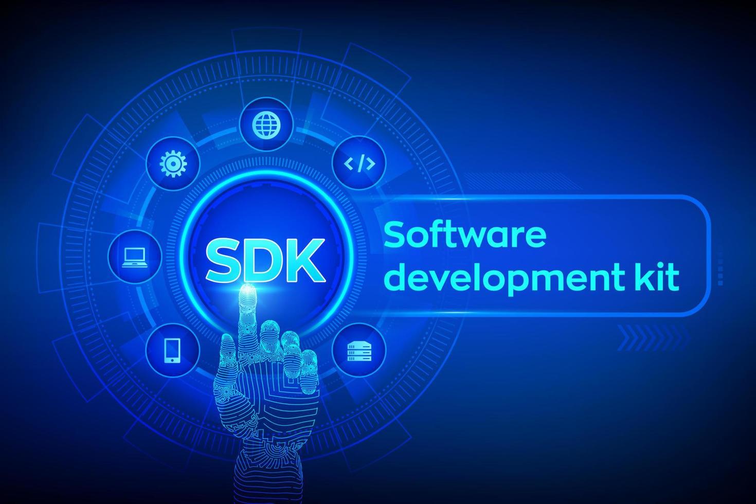 sdk. mjukvaruutveckling kit programmeringsspråk teknik koncept på virtuell skärm. teknik koncept. robothand som rör vid digitalt gränssnitt. vektor illustration.