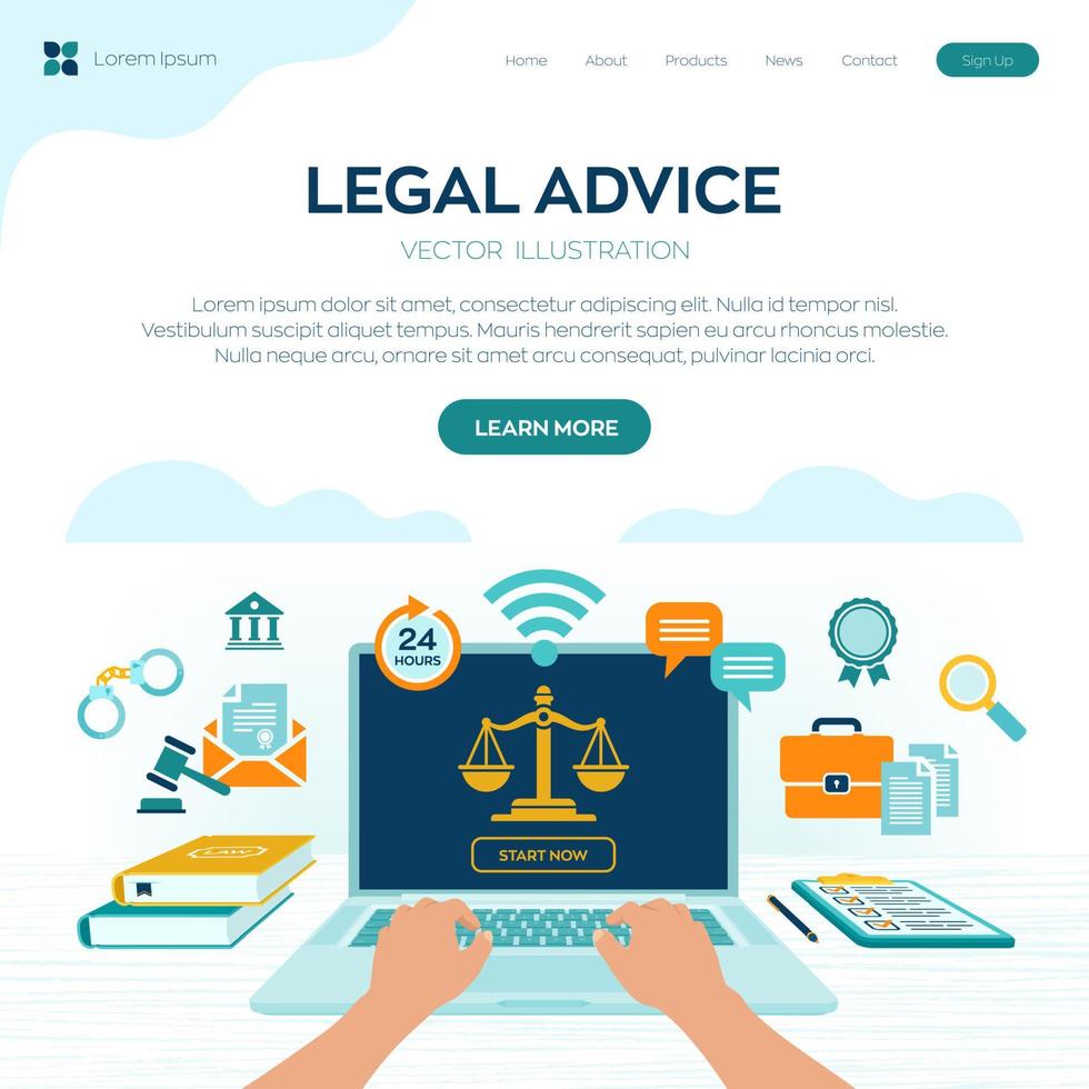 koncept för juridisk rådgivning online. arbetsrätt, advokat, advokat. advokatwebbplats på bärbar datorskärm. professionell advokatrådgivning online, juridisk hjälp i affärer. vektor illustration.