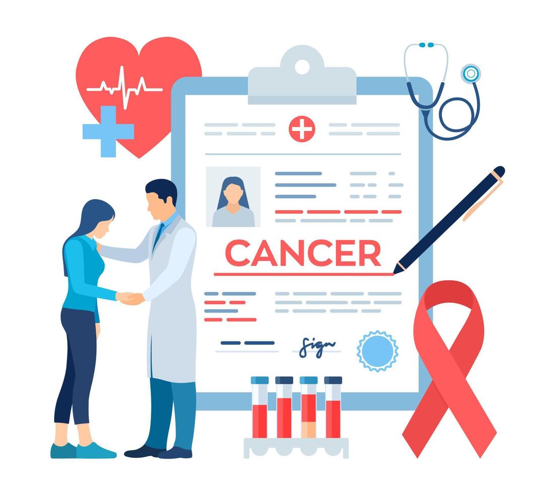 medizinische Diagnose - Krebs. Arzt kümmert sich um den Patienten. Erkennung und Diagnose onkologischer Erkrankungen. bösartiger bösartiger Tumor. Chemotherapie. Brustkrebs-Bewusstseinsband. Vektor-Illustration. vektor