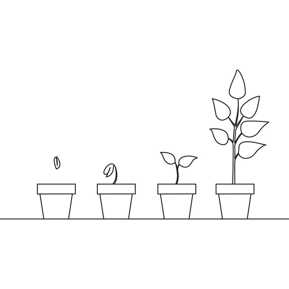 enda linje växt tillväxt bearbetning på pott illustration vektor