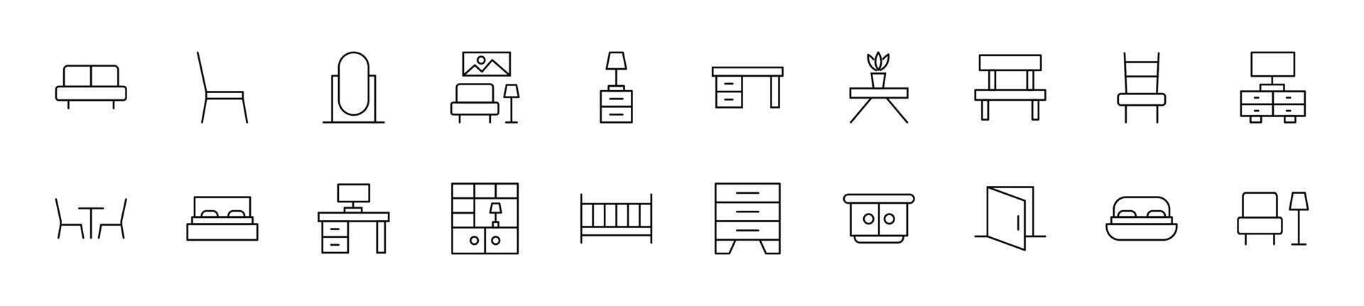 samling av tunn linje ikoner av möbel för interiör. linjär tecken och redigerbar stroke. lämplig för webb webbplatser, böcker, artiklar vektor