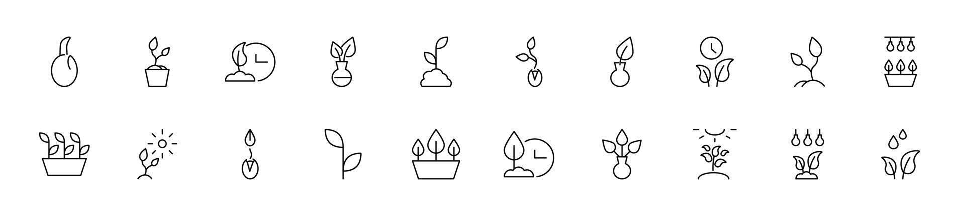 samling av tunn linje ikoner av trädgårdsarbete. linjär tecken och redigerbar stroke. lämplig för webb webbplatser, böcker, artiklar vektor
