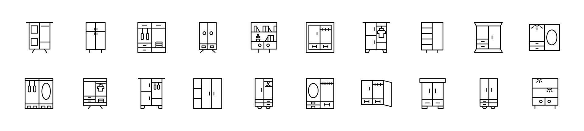 samling av tunn linje ikoner av garderob. linjär tecken och redigerbar stroke. lämplig för webb webbplatser, böcker, artiklar vektor
