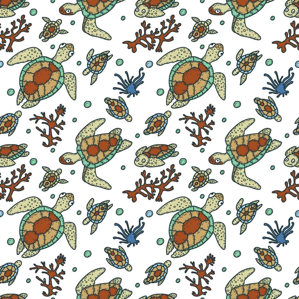 hand dragen sömlös mönster med hav sköldpaddor. tropisk under vattnet liv bakgrund. vektor illustration.