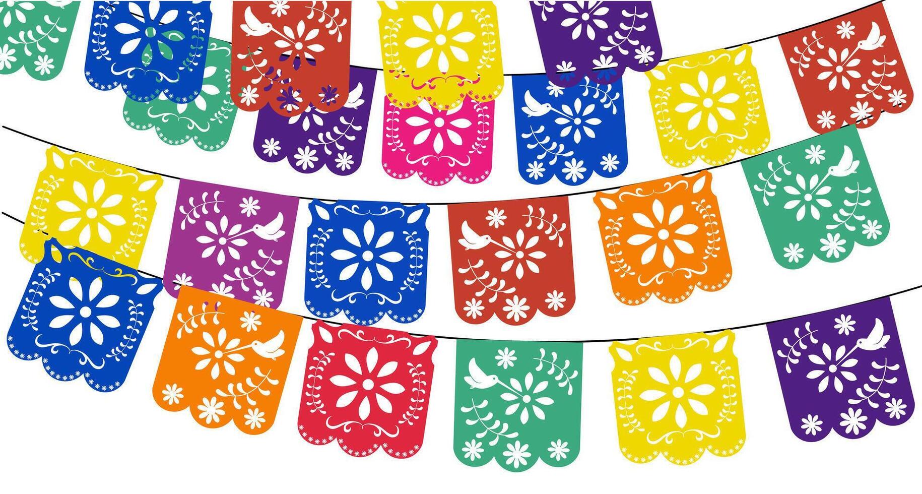 Papier Girlande Mexikaner. multi farbig Vorlage mit hängend traditionell Mexikaner Flaggen. Vektor Illustration. papel picado. isoliert auf ein Weiß Hintergrund.