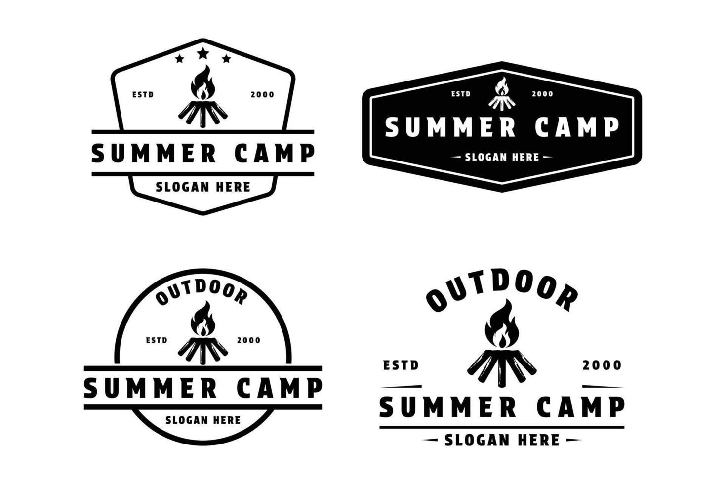 einstellen von Sommer- Camping mit Lagerfeuer Logo Design Jahrgang retro Etikette und Abzeichen vektor