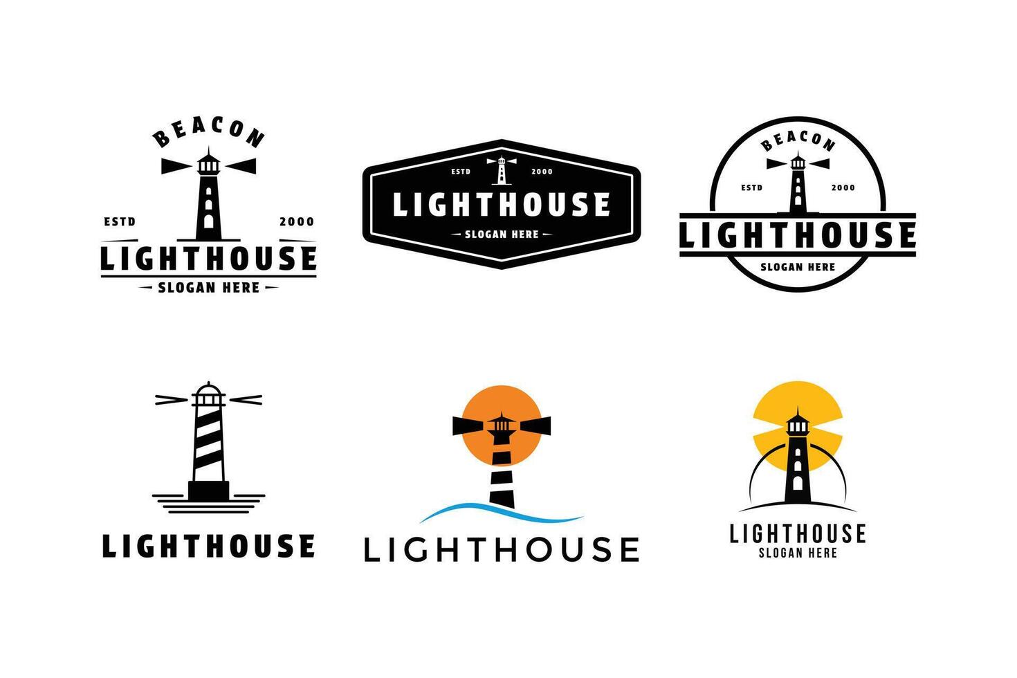 einstellen von Leuchtturm Leuchtfeuer Silhouette Logo Design Jahrgang retro Etikette vektor