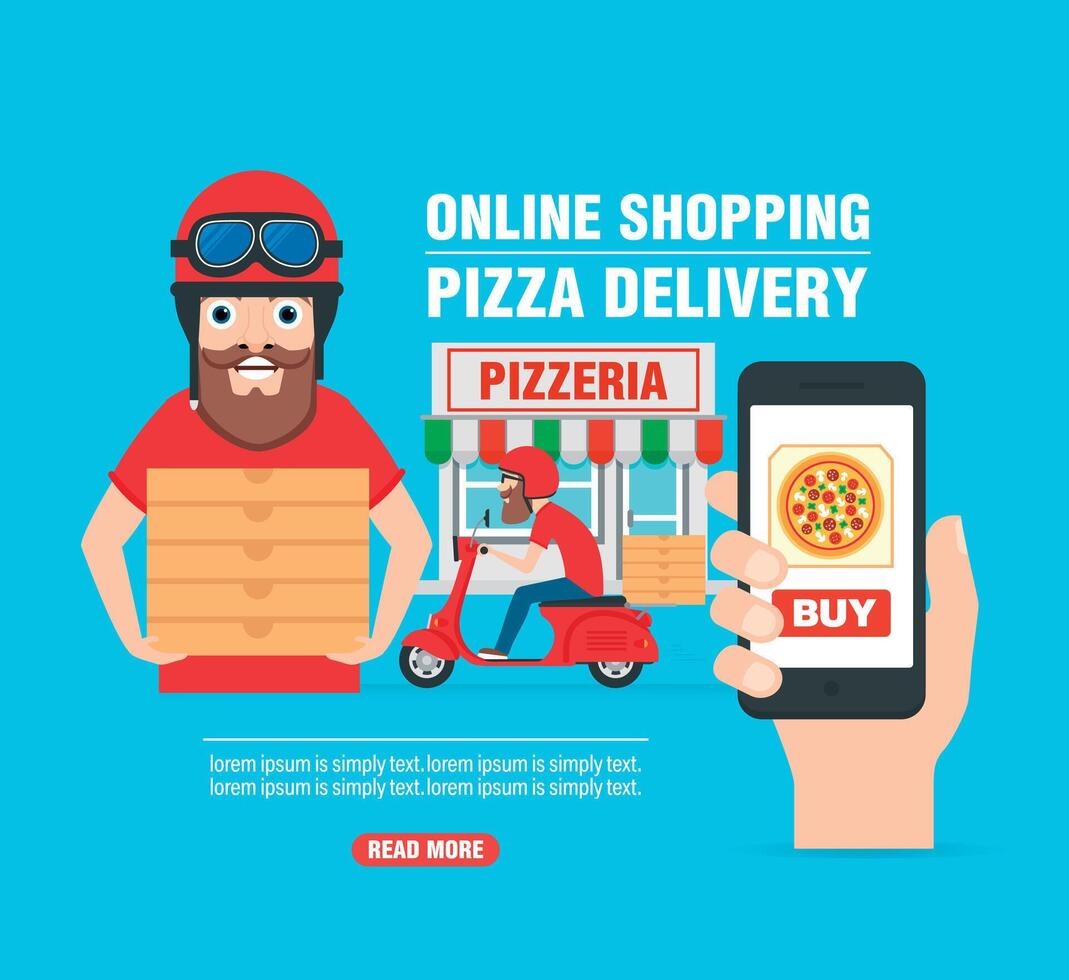 online Einkaufen. Pizza Lieferung Bedienung Konzept modern Design eben vektor