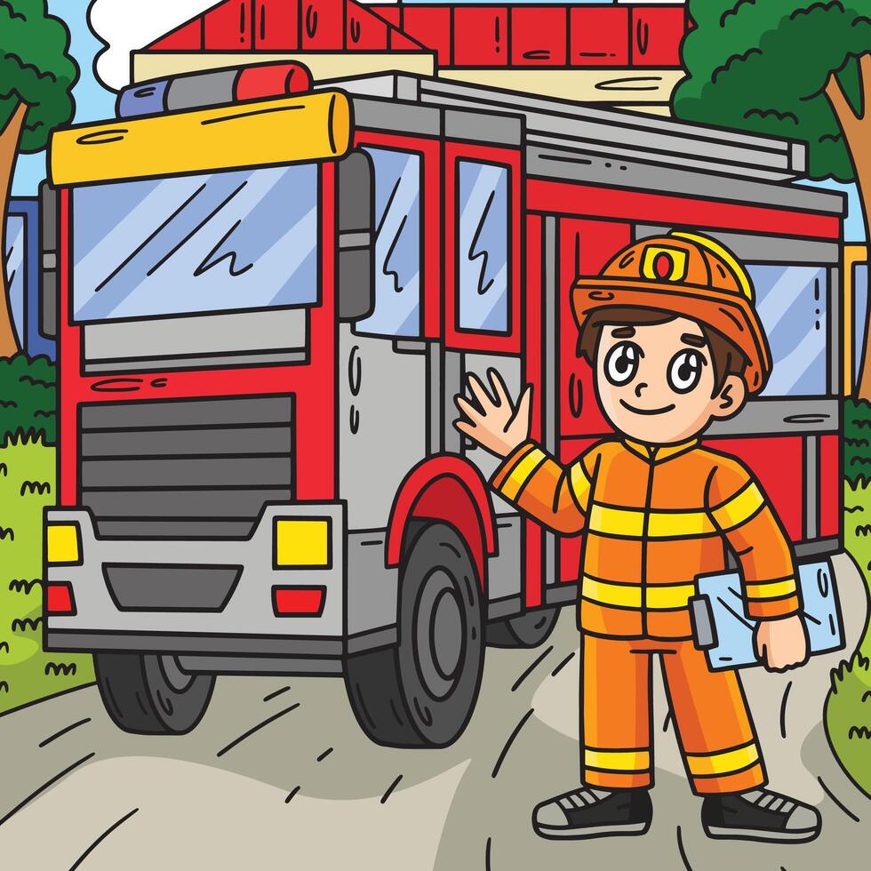 Feuerwehrmann und Feuer LKW farbig Karikatur vektor