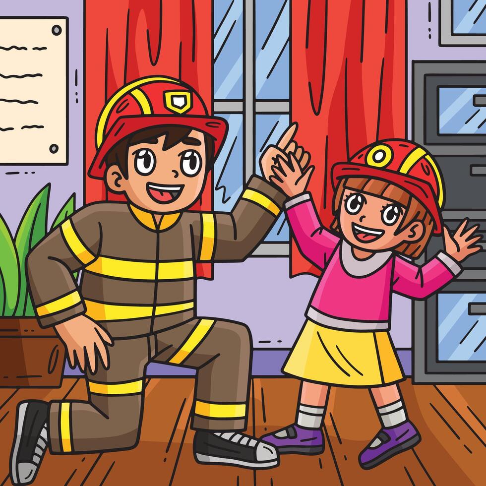 brandman och barn färgad tecknad serie illustration vektor