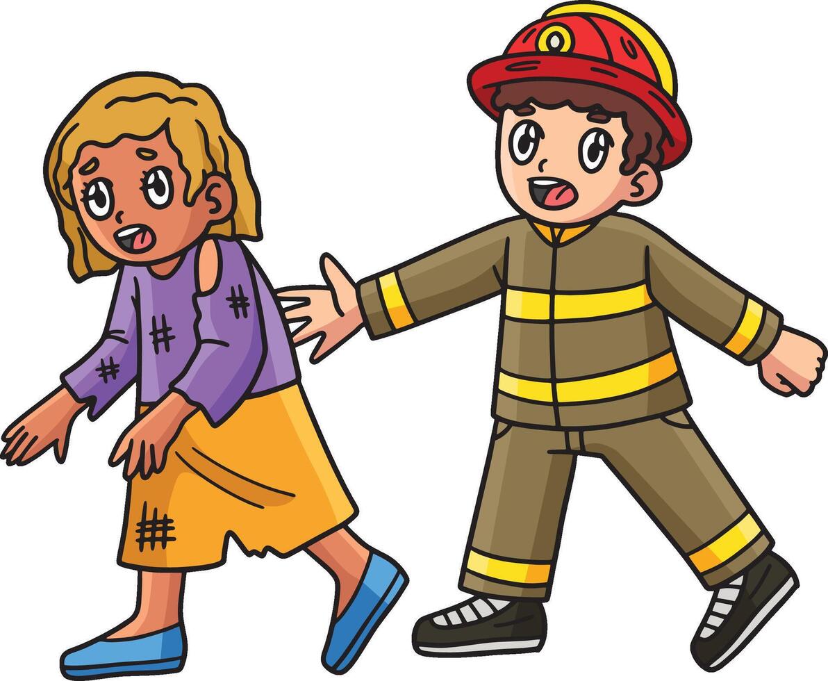 Feuerwehrmann eskortieren ein Überlebende Karikatur Clip Art vektor