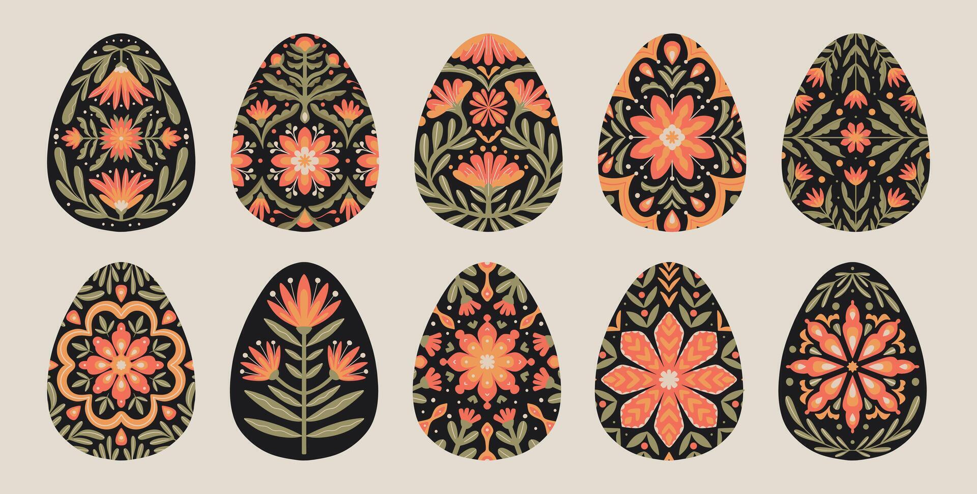 uppsättning av ukrainska tradition ägg prydnad. påsk folk blommig mönster med blommor och löv vektor