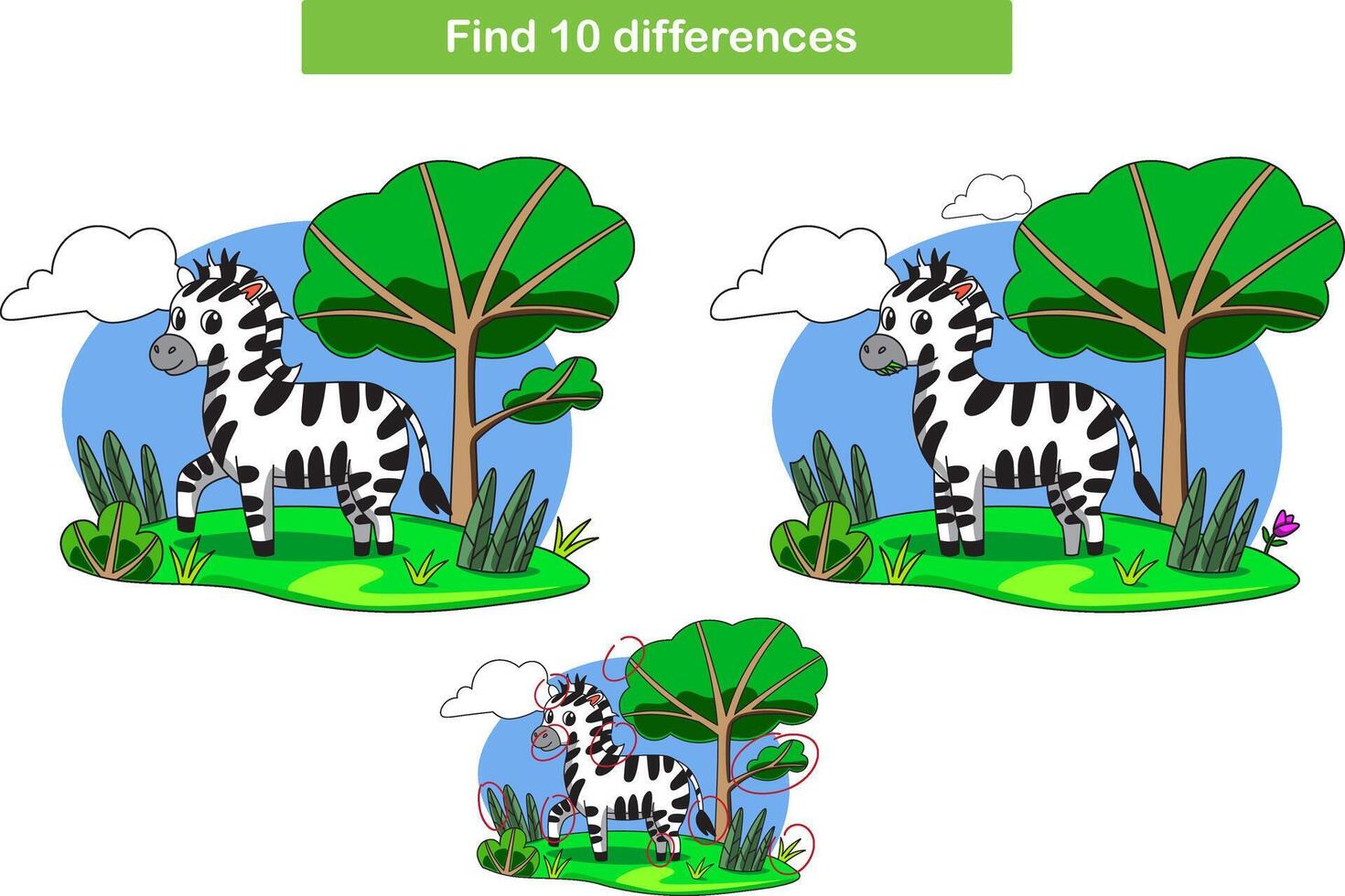 komisch Karikatur Zebra. finden 10 Unterschiede. Kinder Bildung Spiele. Karikatur Vektor Illustration
