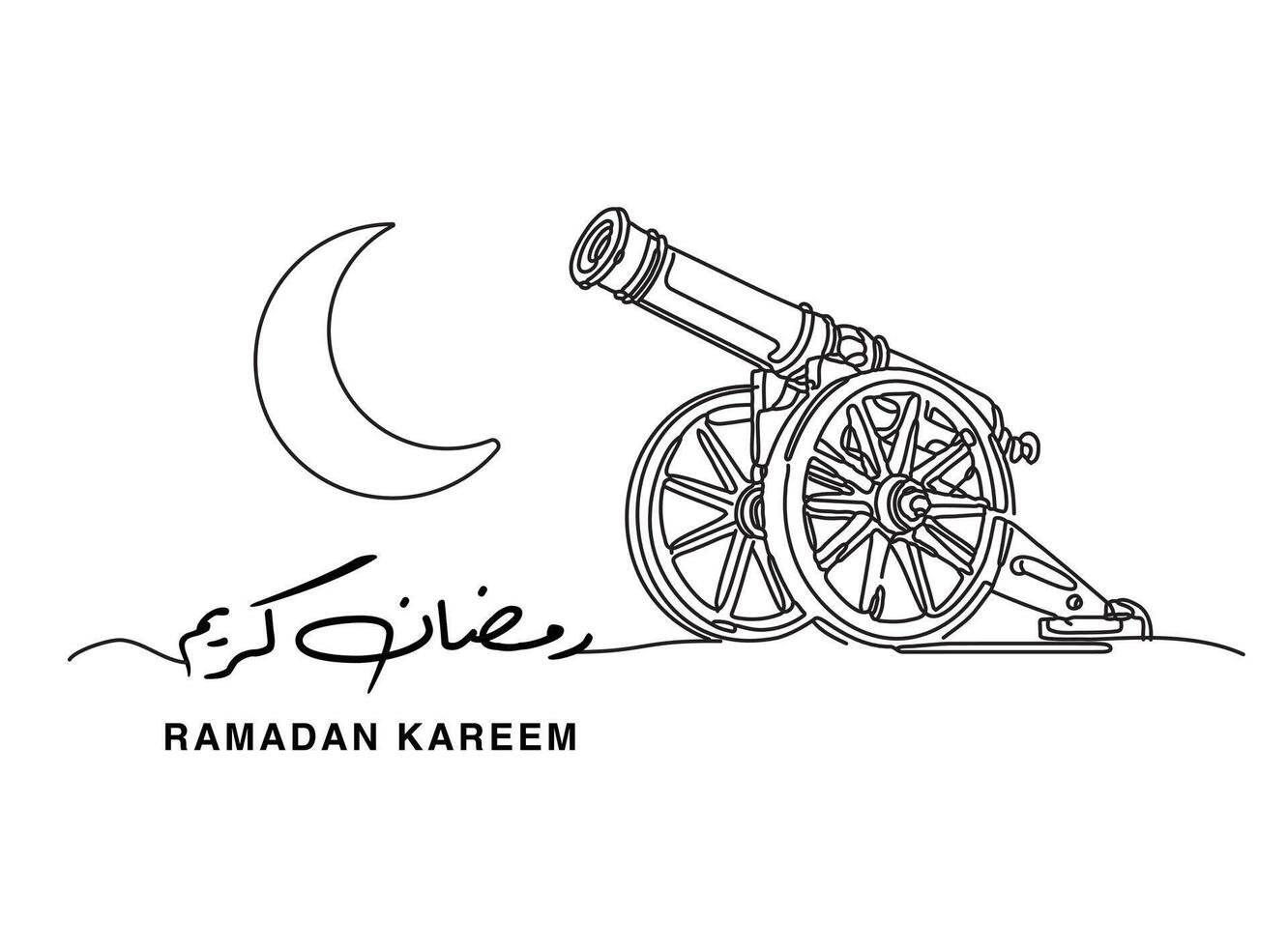 översättning ramadan kareem i arabicum språk kalligrafi freehand font med en kanon och crecent ett linje teckning vektor konst hälsning kort