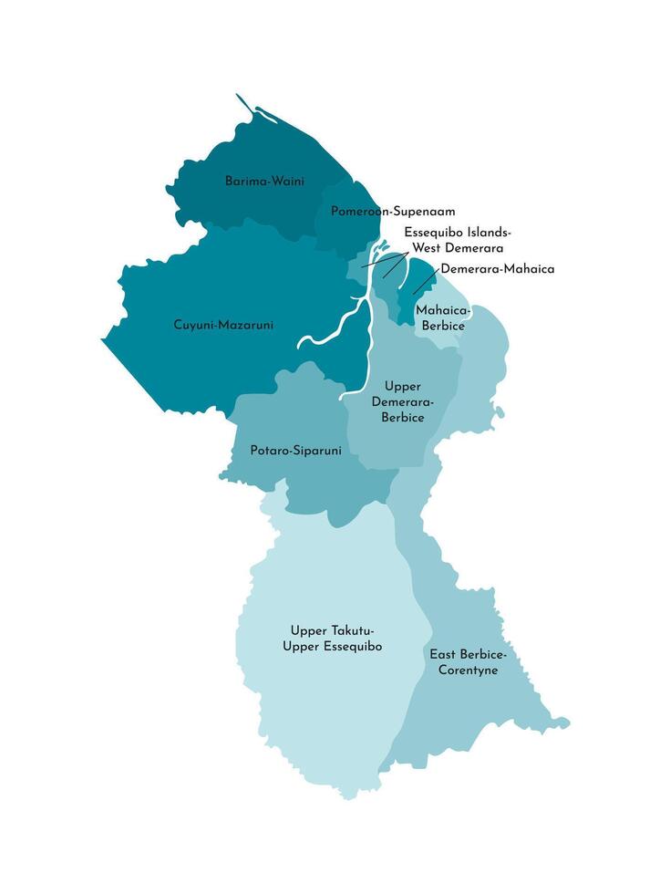 vektor isolerat illustration av förenklad administrativ Karta av guyana. gränser och namn av de regioner. färgrik blå kaki silhuetter.