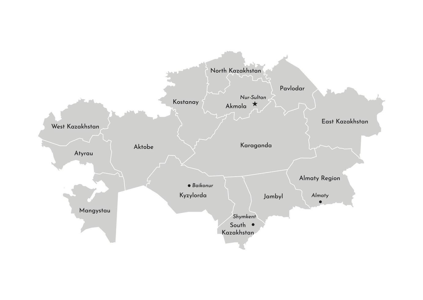 vektor isolerat illustration av förenklad administrativ Karta av Kazakstan. gränser och namn av de provinser, regioner. grå silhuetter. vit översikt