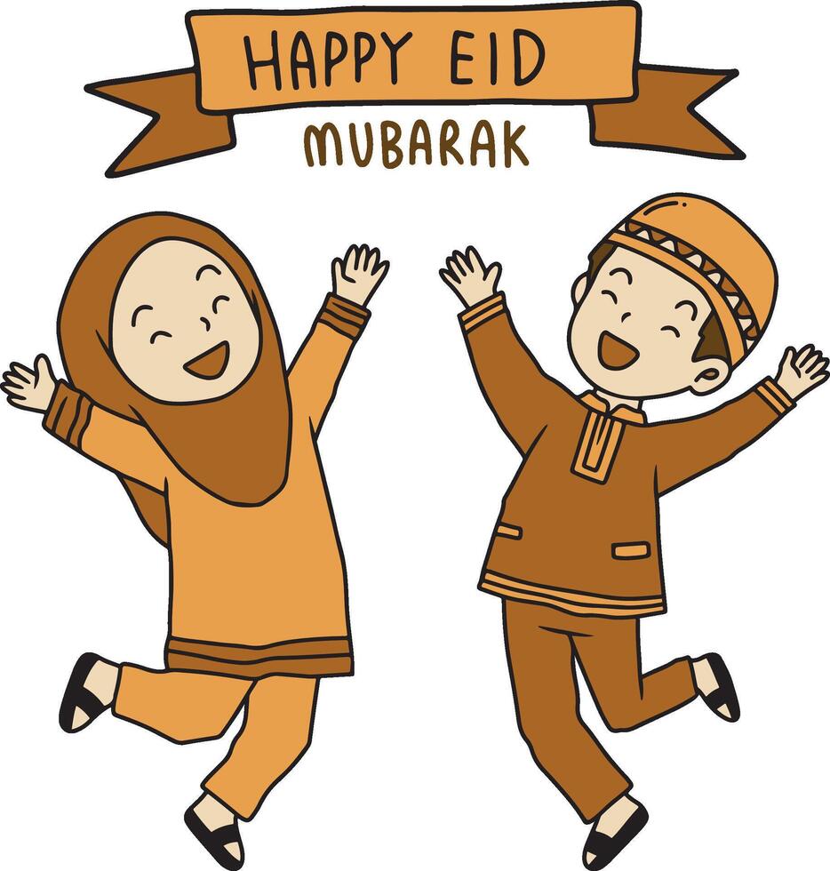 Vektor Illustration von islamisch ein Junge und Mädchen verbunden zu eid Mubarak. Hand gezeichnet Illustration zum heilig Moslem Festival eid ul-fitr