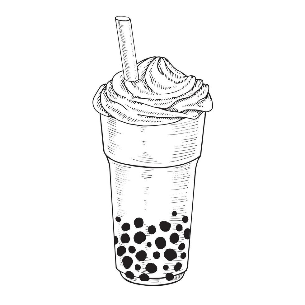 bubbla mjölk te. vektor illustration av dryck med boba pärlor. hand dragen ClipArt på isolerat bakgrund. linjär teckning av tapioka cocktail. översikt skiss av asiatisk kall dryck. svart linje konst