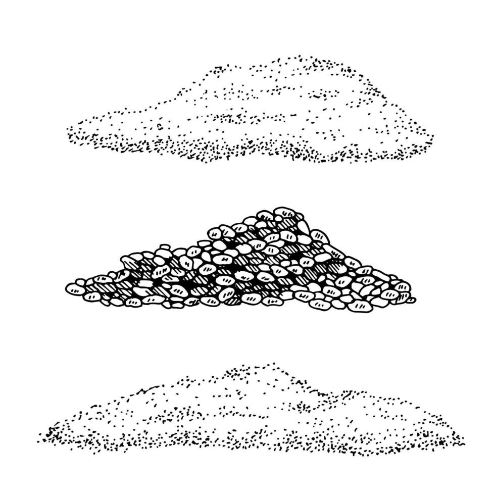 Sand Stapel Vektor Linie Kunst. Gliederung einstellen von Streugut und Felsen. Hand gezeichnet schwarz und Weiß Grafik Clip Art. linear Zeichnung auf isoliert Hintergrund. unter Wasser Textur Illustration. Meer Unterseite skizzieren