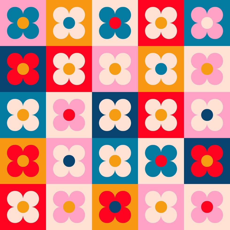 sömlös retro mönster med rosa blommor, 60-tal, hippie, retro stil, årgång färger vektor