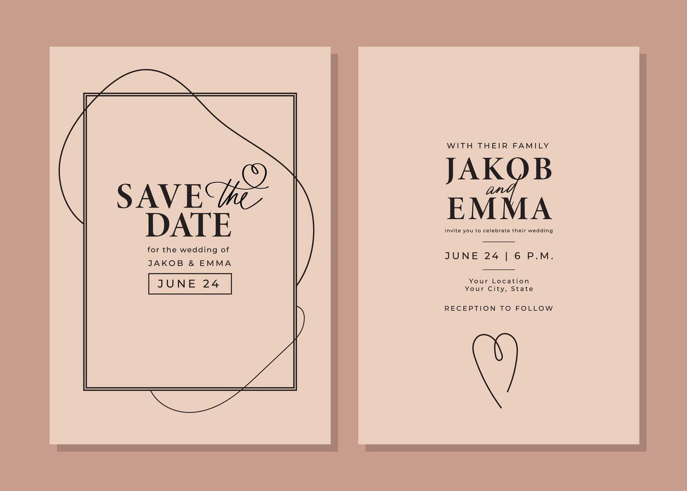 einstellen von Hochzeit Einladung Karten. klassisch Stil schwarz und Beige Vorlagen mit linear Elemente. speichern das Datum. Layout Design mit handgeschrieben Typografie und rahmen. RSVP vektor