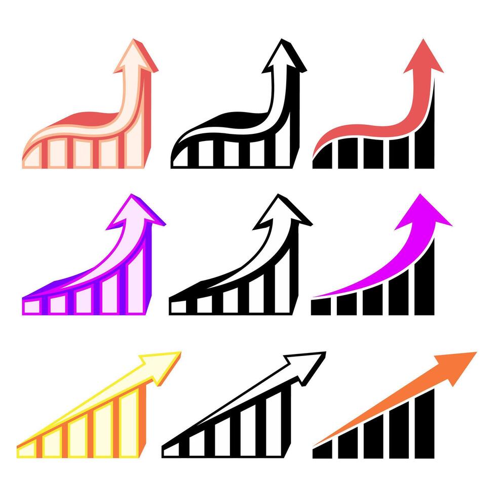 einstellen Wachstum Grafiken Pfeil gehen oben Symbol. Geschäft Diagramme und Diagramme Design Vektor Illustration