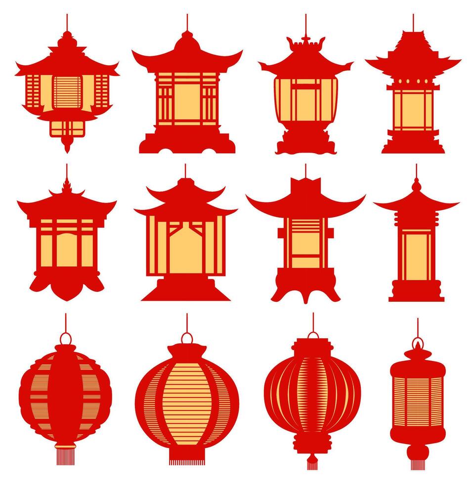 einstellen rot Chinesisch Lampe hängend Laternen Mond- Innere Design Vektor Illustration