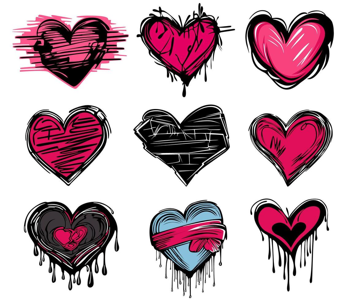 einstellen Graffiti Herzen Symbol. Liebe Rosa Symbol Valentinstag Design Vektor Illustration