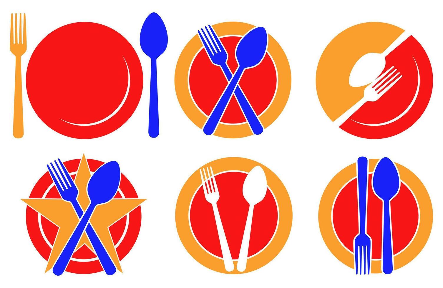 einstellen Platte, Löffel, und Gabel Symbol. Restaurant Logo Vektor Illustration