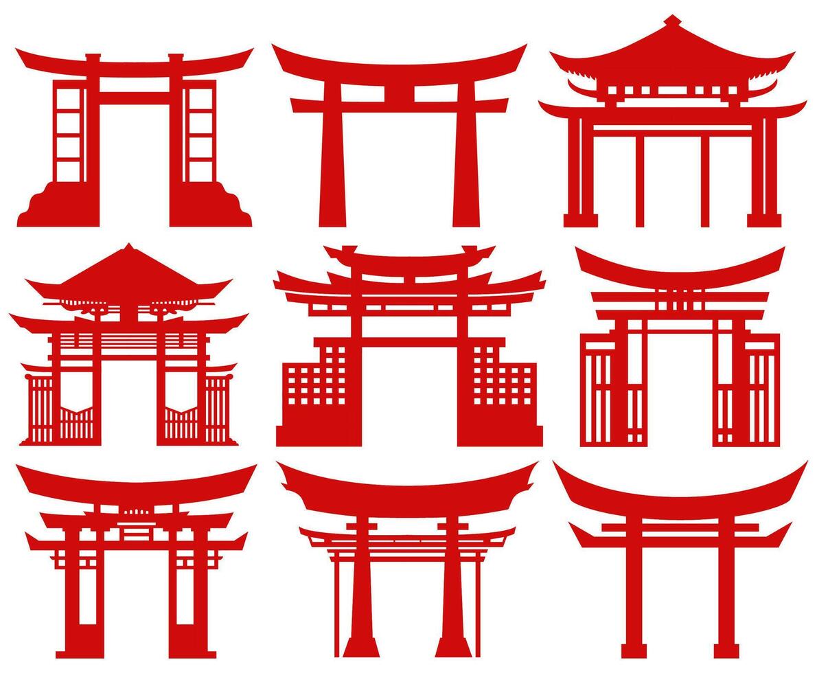 einstellen japanisch traditionell Tor Symbol Symbol. rot torii Tor Design Vektor Illustration