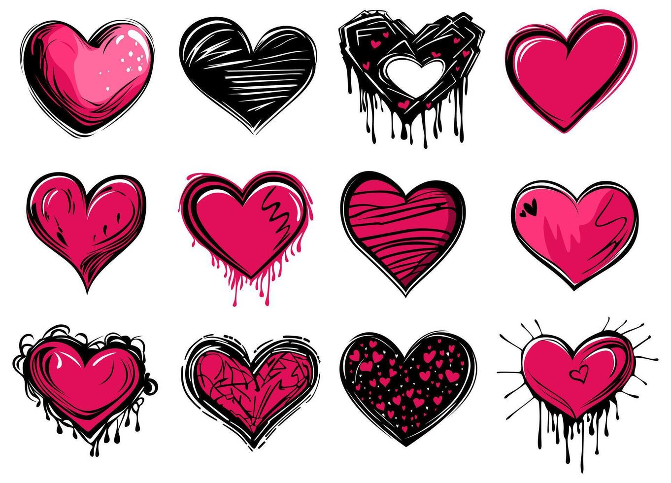 einstellen Graffiti Herzen Symbol. Liebe Rosa Symbol Valentinstag Aufkleber Design Vektor Illustration