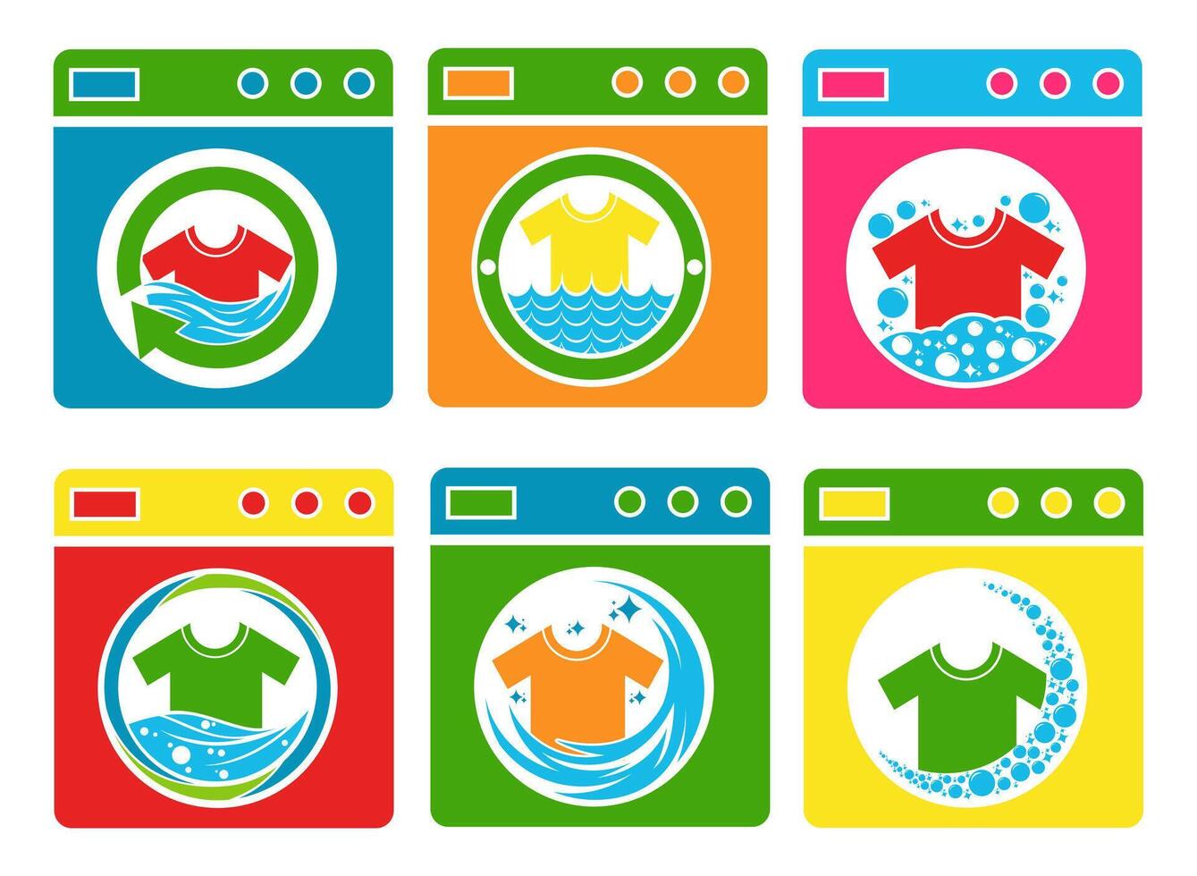 einstellen Wäsche Waschen Maschine Symbol Design. Hemd Wasser Welle Reinigung Bedienung Logo Vektor Illustration