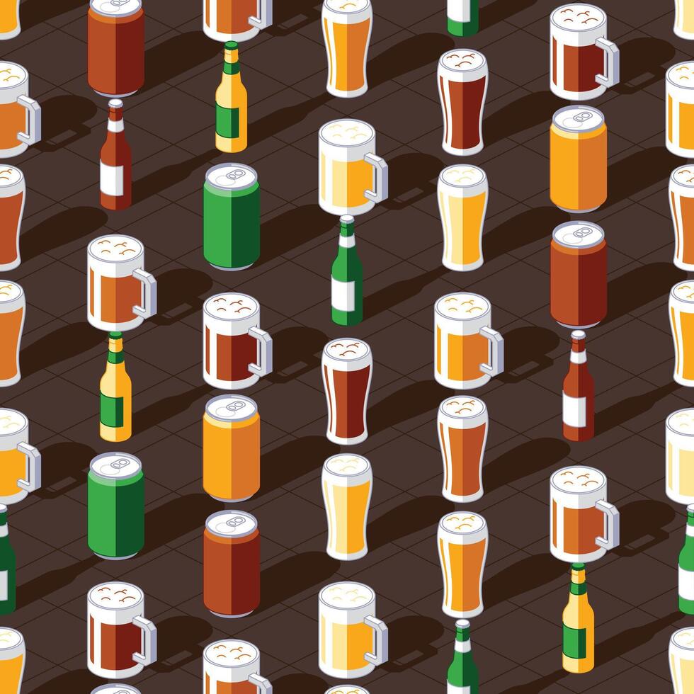 öl sömlös mönster med flaskor, glas, koppar, och burkar av öl på brun bakgrund vektor