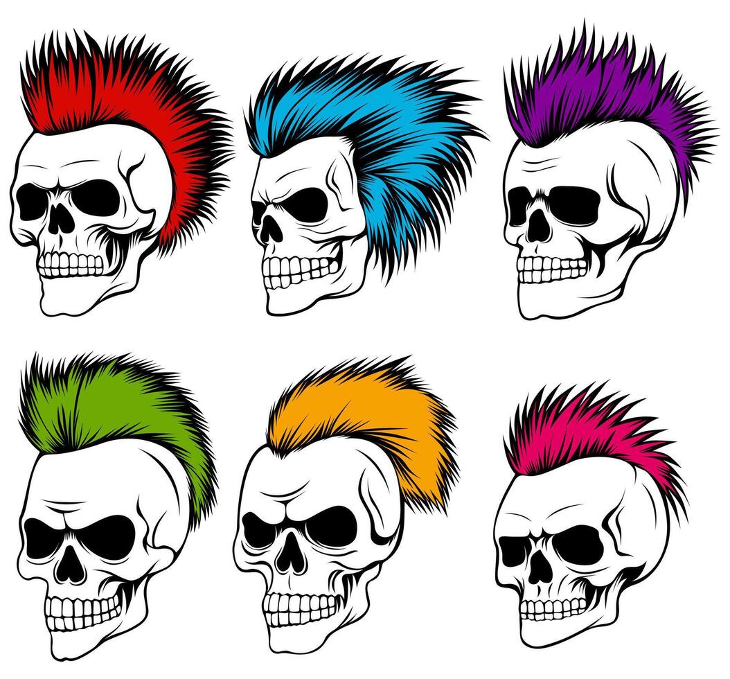 uppsättning skalle huvud punk- hår ikon. rocker mohawk design vektor illustration
