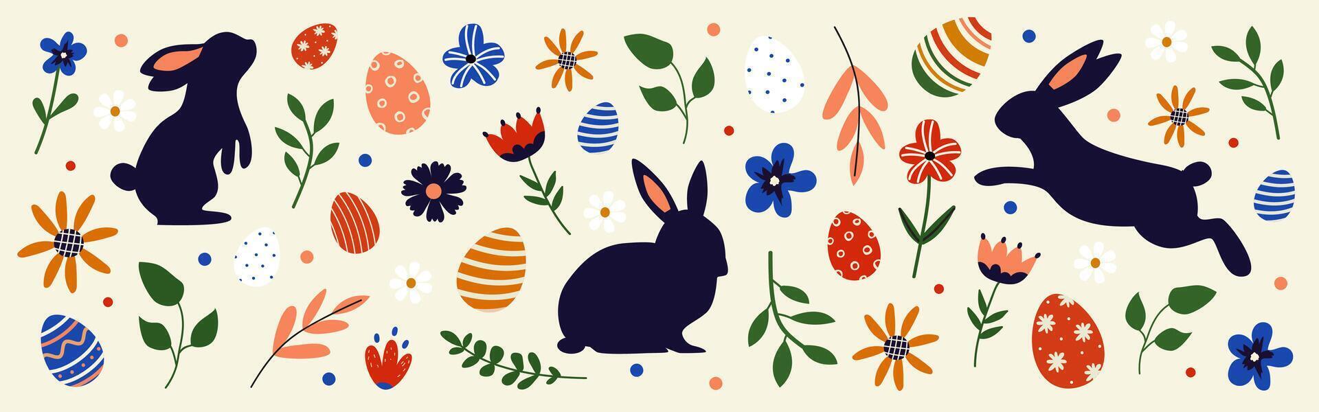 Vektor Ostern Banner mit Hasen, Eier und Blumen. süß Ostern Satz. Frühling Illustration. handgemalt Stil. nahtlos Poster. isoliert Hintergrund.