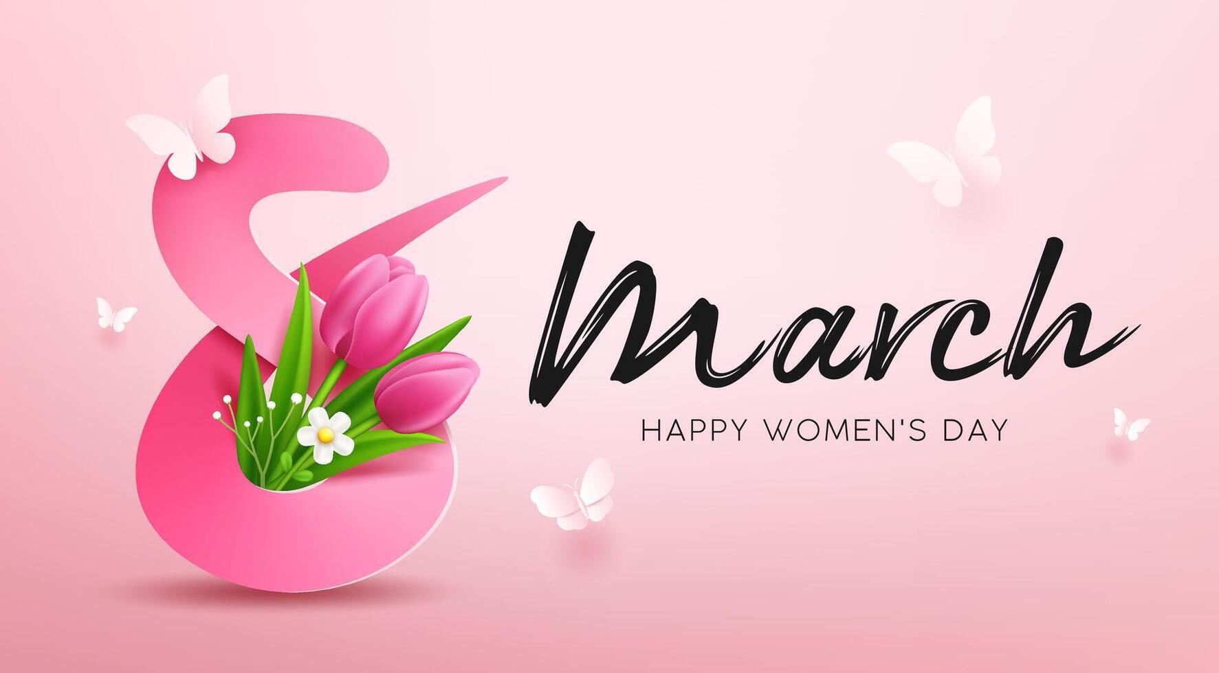 8 Marsch, glücklich Damen Tag mit Tulpe Blumen und Schmetterling, Banner Konzept Design auf Rosa Hintergrund, eps10 Vektor Illustration.